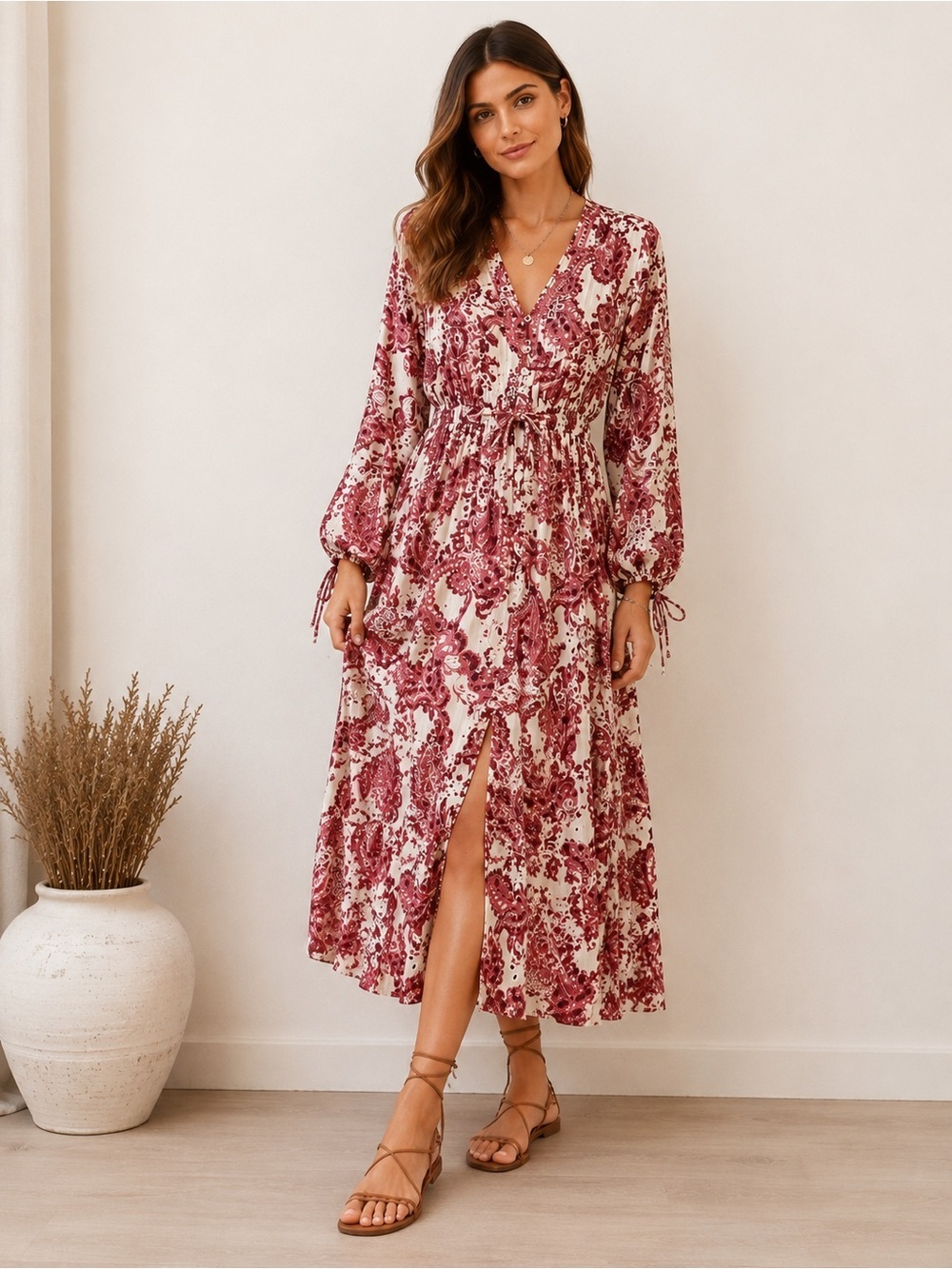Zara Red Paisley Cutwork Embroidered Boho Midi to Maxi Dress Sz M Cottagecore